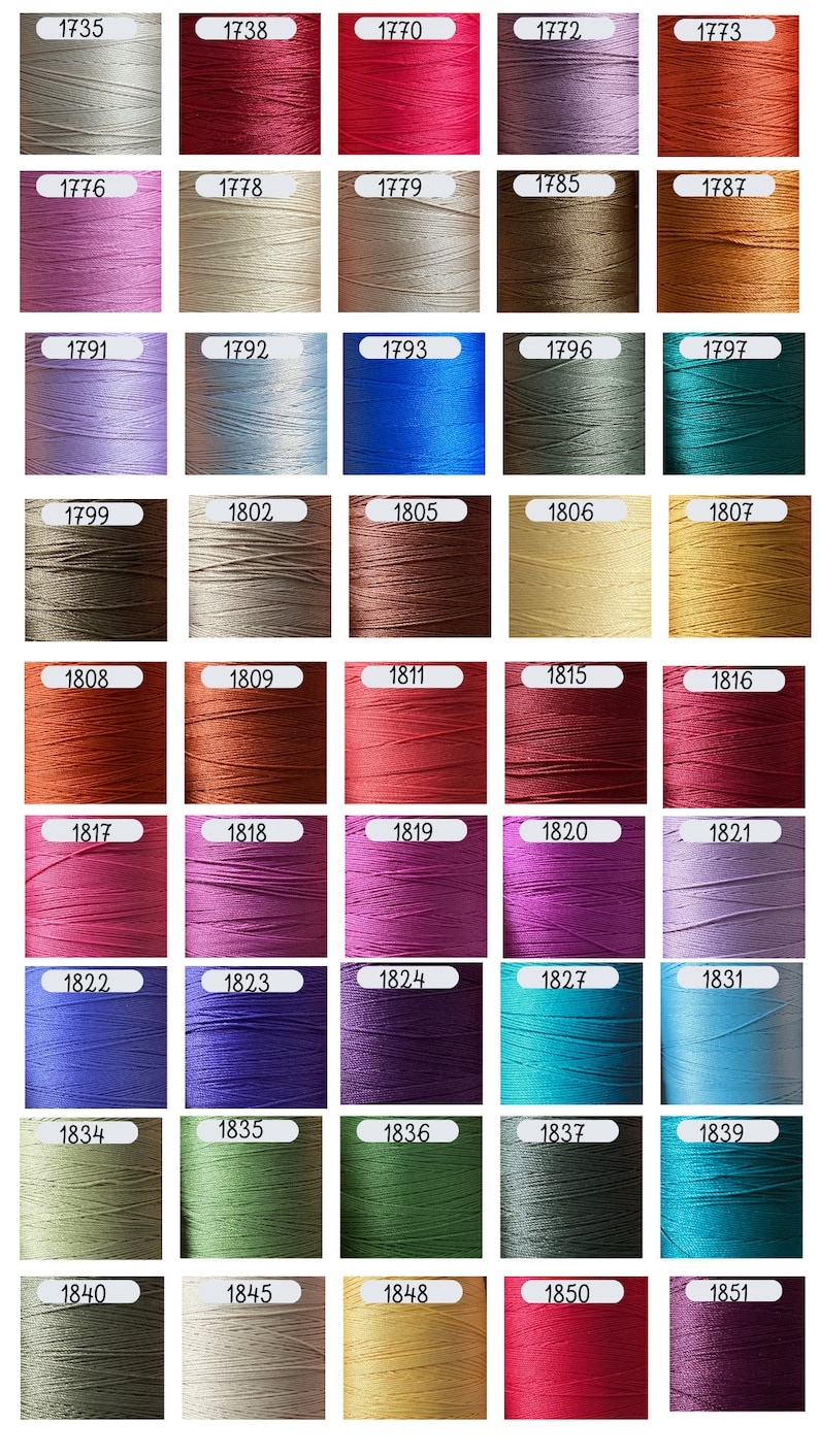 May include: A grid of forty-five spools of embroidery thread in various colors, each labeled with a unique identification number ranging from 1735 to 1851. The threads are arranged in a rectangular layout, showcasing a diverse palette of shades.