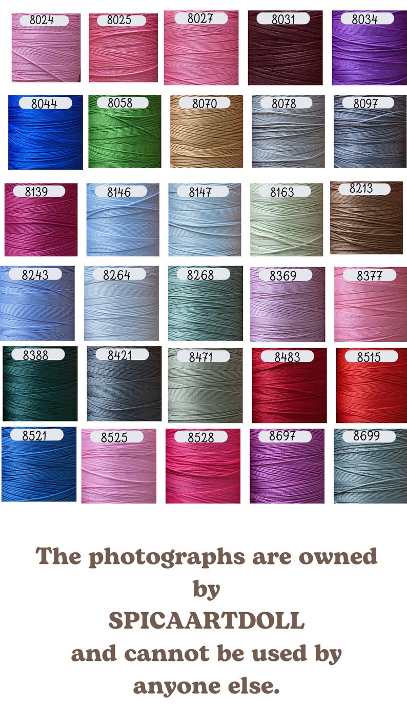 May include: A grid of thirty spools of thread in various colors, each labeled with a unique four-digit number from 8024 to 8699. The text at the bottom states: The photographs are owned by SPICAARTDOLL and cannot be used by anyone else.