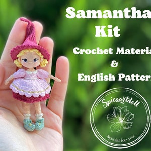 May include: Crochet doll kit featuring a pink and purple dress, a red hat, and blonde hair. The kit includes crochet material and an English pattern. The kit is labeled "Samantha Kit" and "Spicaartdoll special for you".
