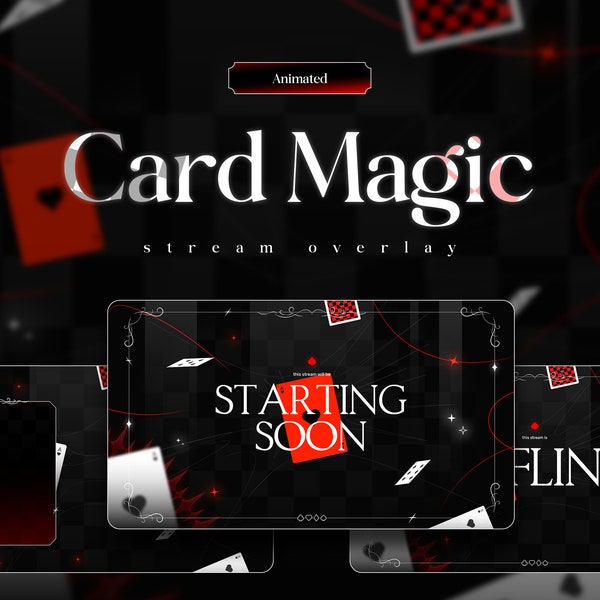 Card Magic Animated Stream Overlay Paket, Rot, Glow, Twitch, Panels, Hintergrund, Ästhetik, Sauber, Dekoration, Übergang, Dunkel