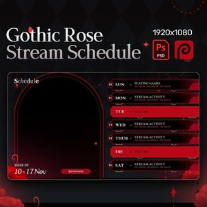 以下が含まれることがあります： 黒の背景と赤いアクセントをつけたゴシック調の配信スケジュールテンプレート。テンプレートには、黒い内部と赤い縁取りのある大きなアーチがあります。テンプレートの上部には「Schedule」というテキストが表示され、下部には「Week of 10-17 Nov」というテキストが表示されます。テンプレートには、曜日と対応する配信活動を示すカレンダーも含まれています。