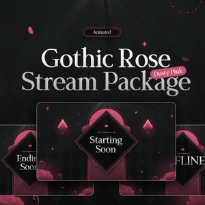 Peut inclure: Ensemble de diffusion animé Gothic Rose en rose poussiéreux. Le pack comprend trois superpositions : Bientôt en direct, Fin de la diffusion et Hors ligne. Chaque superposition présente un fond sombre avec une rose rose et des formes de diamants.