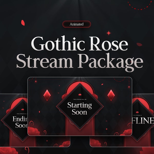 Gothic Rose Animated Stream Overlay Package, Red, Glow, Twitch, Panels, Background, Aesthetic, Clean, Decoration, Transition, Dark, Vampire