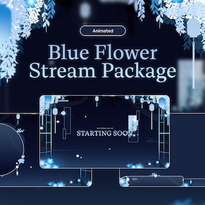 Könnte beinhalten: Animiertes blaues Blumen-Stream-Paket für Twitch oder YouTube. Das Paket enthält einen Startbildschirm, eine Chatbox und einen Bildschirm mit dem Text "Start bald".