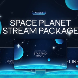 May include: Animated space-themed stream package with three different screens: starting soon, ending soon, and offline. Each screen features a blue planet, stars, and a glowing blue horizon.