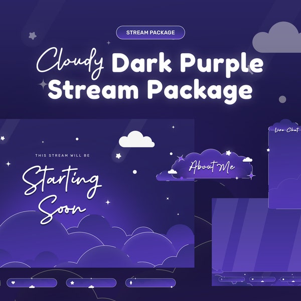 Cloud Star Animated Stream Package/Dark Clouds Purple, Cute Animated Twitch Stream Overlay, Panels, Alert, Color Customize, Cozy, Premium