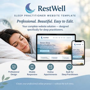 Può includere: Un modello di sito web RestWell per professionisti del sonno visualizzato su un laptop e uno smartphone. Il design presenta il testo Professional. Beautiful. Easy to Edit. ed evidenzia funzionalità come design professionale, reattività mobile e appuntamenti online.
