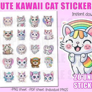 Niedliches Kawaii Katze Digital Sticker Set - Katzen & Kätzchen Icons, Haustier Illustrationen, niedliche digitale Aufkleber für den Heimdruck oder den digitalen Gebrauch
