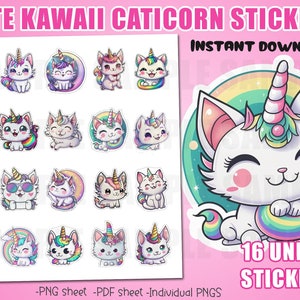 16 Kawaii Caticorn Digital Stickers - cute caticorn icons, illustrations, cute stickers for printing, online scrapbooking and digital use