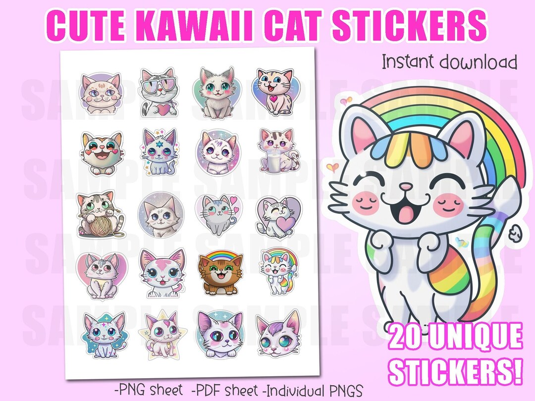 Cute Kawaii Cat Digital Sticker Set - Cat & Kitten Icons, Pet ...