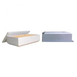 May include: Two rectangular boxes, one white with a lid open revealing a candle inside, and the other gray, both with a slightly raised edge around the top.