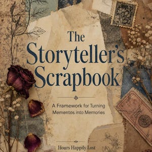 Puede incluir: Un álbum de recortes titulado "The Storyteller's Scrapbook" con una estética vintage. La portada presenta papel rasgado, ilustraciones florales, pétalos de rosa secos y sellos. El texto dice "A Framework for Turning Mementos into Memories" y "Hours Happily Lost".