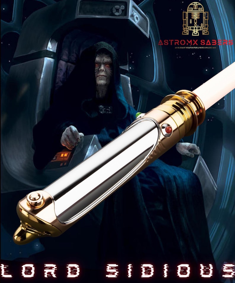 May include: A gold and silver lightsaber with a white blade, set against a dark background featuring a character in a black robe. The text "LORD SIDIOUS" is displayed at the bottom, with the "ASTROMX SABERS" logo at the top.