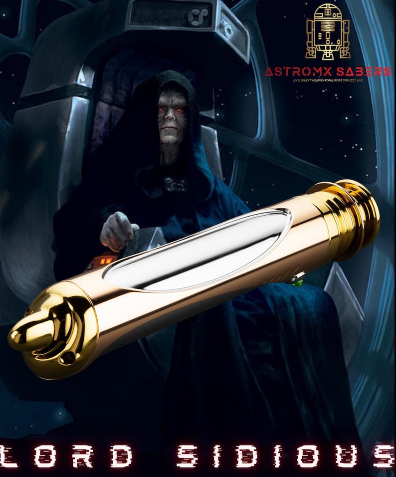 May include: A gold and silver lightsaber with a detailed hilt is featured in this image. The lightsaber is set against a dark background with a character in a dark robe. The text "LORD SIDIOUS" is at the bottom of the image.