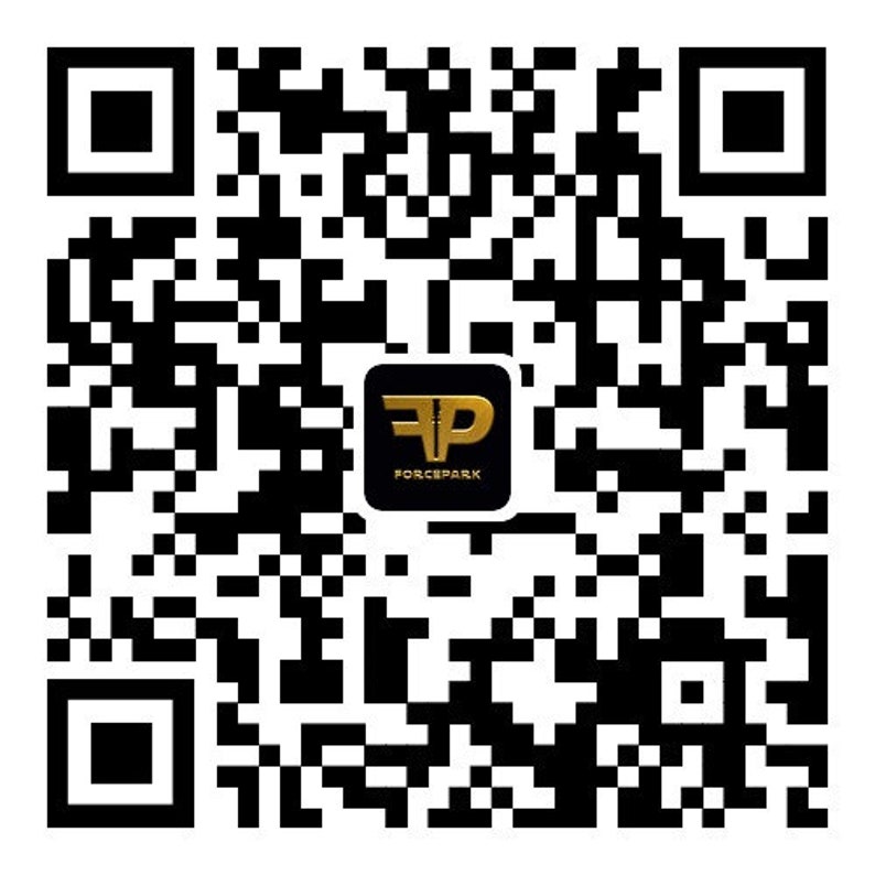 May include: A black and white QR code with the logo of ForceSpark in the center. The logo features the letters "FP" in a gold color, with the word "FORCEPARK" in white text below.