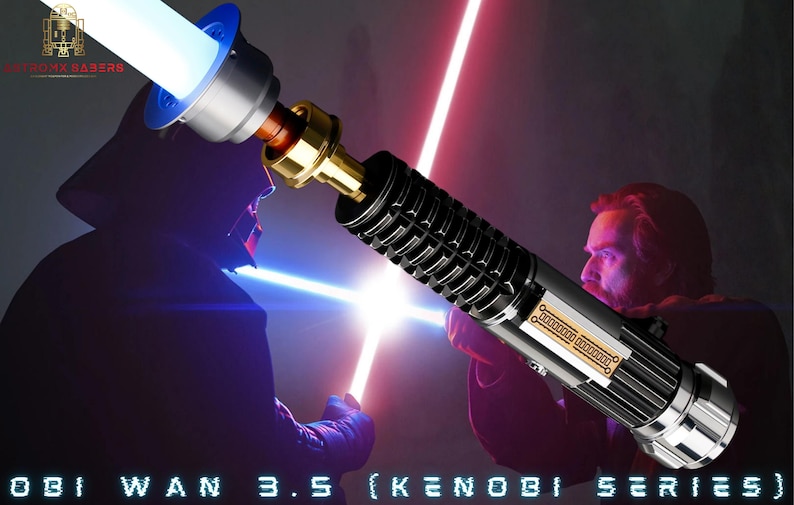 May include: A black lightsaber with a silver handle and a gold accent. The lightsaber is lit with a blue blade and is being held by a person in the background. The text "OBI WAN 3.5 (KENOBI SERIES)" is visible at the bottom of the image.