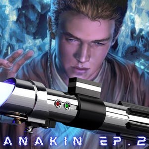 May include: A silver and black lightsaber with a bright white blade and blue accents. The lightsaber has red and green buttons. The image includes the text "ANAKIN EP. 2". The background features a person and a blue, icy design.