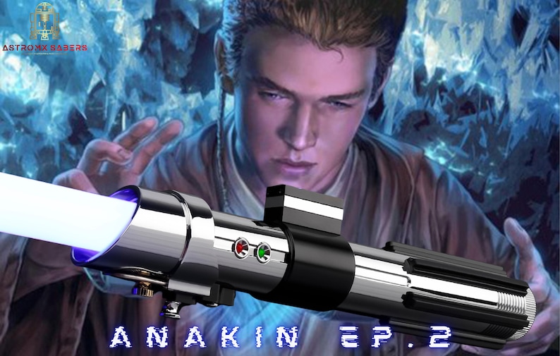 May include: A silver and black lightsaber with a bright white blade and blue accents. The lightsaber has red and green buttons. The image includes the text "ANAKIN EP. 2". The background features a person and a blue, icy design.
