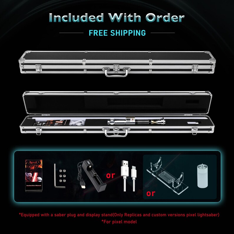 K&ouml;nnte beinhalten: Ein schwarzer Aluminiumkoffer mit einem silbernen Griff, ge&ouml;ffnet, um ein Lichtschwert im Inneren zu zeigen. Der Koffer ist von verschiedenen Zubeh&ouml;rteilen umgeben, darunter ein Ladekabel, ein Ladest&auml;nder und ein Ausstellungsst&auml;nder. Der Text "Included With Order" und "FREE SHIPPING" wird oben im Bild angezeigt. Der Text "or" erscheint zweimal unter dem Zubeh&ouml;r.
