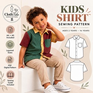 Peut inclure: Un patron de couture pour chemise d'enfant présentant une chemise à manches courtes boutonnée et colorée en bordeaux, vert et jaune. Le modèle comprend une poche poitrine, un col et une patte de boutonnage. Pour les âges de 2 à 16 ans.