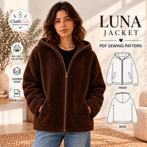 Wykrój kurtki Luna w formacie PDF | Wykrój kurtki z kapturem Teddy | Wykrój kurtki damskiej | A4 A0 | Rozmiary XS-XXXL