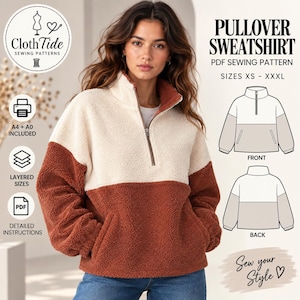Może przedstawiać: Wykrój krawiecki PDF na dwukolorową bluzę typu pullover marki ClothTide, wykonaną z kremowego i rdzawego polaru typu sherpa z kołnierzem zapinanym na zamek. Zawiera rysunki techniczne przodu i tyłu, rozmiary od XS do XXXL.