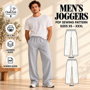 May include: A PDF sewing pattern for joggers in sizes XS to XXXL, featuring a white t-shirt and grey sweatpants. The graphic includes the text ClothTide Sewing Patterns, Men's Joggers, A4 + A0, Layered Sizes, and Sewing Guide with line drawings.