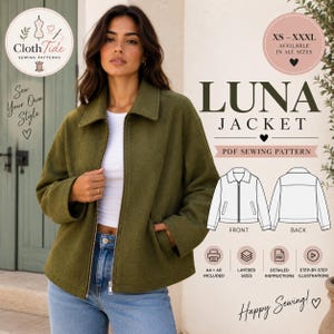 Puede incluir: Un patrón de costura digital para la chaqueta Luna, que muestra una chaqueta verde oliva con cremallera, cuello y mangas largas. La imagen incluye dibujos técnicos de las vistas frontal y posterior, junto con texto que detalla las tallas XS a XXXL.