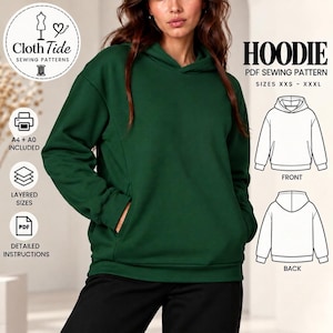 Può includere: Una felpa con cappuccio verde scuro a maniche lunghe con cappuccio e tasche anteriori. L'immagine include il testo HOODIE PDF SEWING PATTERN SIZES XXS - XXXL, A4 + A0 INCLUDED, LAYERED SIZES, DETAILED INSTRUCTIONS e Cloth Tide SEWING PATTERNS.
