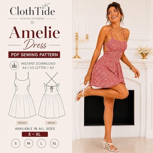May include: A PDF sewing pattern for the Amelie Dress by ClothTide, featuring a red and white floral print mini dress with thin straps and a flared skirt. The image includes technical line drawings of the front and back views, plus size options S-XL.