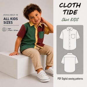Peut inclure: Une chemise à manches courtes boutonnée avec un design color-block bordeaux, vert et jaune. La chemise présente un col, une poche poitrine et une texture côtelée. L'image inclut le texte CLOTH TIDE Shirt KIDS et PDF Digital sewing patterns, montrant des dessins techniques de face et de dos pour enfants de 2 à 16 ans.