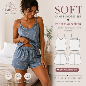 Peut inclure: Un ensemble caraco et short bleu à motif floral blanc. Le texte indique : SOFT CAMI & SHORTS SET, PDF SEWING PATTERN, BEGINNER FRIENDLY, A4 US LETTER, A0 COPY SHOP, ILLUSTRATED GUIDE, XS S M L XL XXL XXXL. Inclut des schémas techniques.