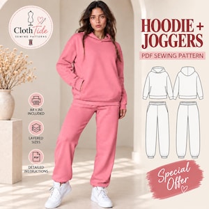 Op de afbeelding: Een roze hoodie en een bijpassende joggingbroek. De afbeelding bevat de tekst HOODIE + JOGGERS PDF SEWING PATTERN, ClothTide SEWING PATTERNS, A4 + A0 INCLUDED, LAYERED SIZES, DETAILED INSTRUCTIONS en Special Offer.