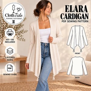 May include: A beige open-front cardigan with long sleeves and tassel details at the hem. The image includes text reading Elara Cardigan PDF Sewing Pattern, Cloth Tide Sewing Patterns, A4 + A0 included, layered sizes, and a sewing guide.