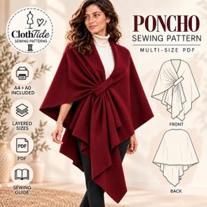 Könnte beinhalten: Ein dunkelrotes Poncho-Schnittmuster mit zentralem Raffdetail und drapiertem Schnitt. Das Bild enthält den Text PONCHO SEWING PATTERN, MULTI-SIZE PDF, A4 + A0 INCLUDED, LAYERED SIZES, PDF, SEWING GUIDE sowie technische Strichzeichnungen.