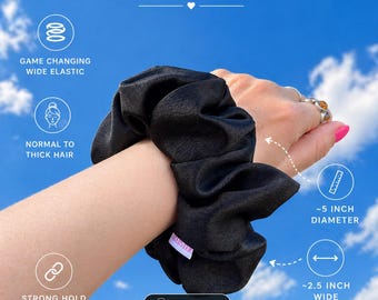 Black Deluxe SILK SATIN Wide Elastic, Large , scrunchies, black, hair tie, hair scrunchy, 90s fashion, gift ideas