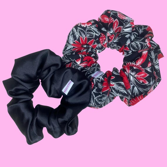 Floral Black & Red Satin Scrunchie | Silk Hair Tie | Large  display picture 1