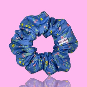 Large Blue Floral Scrunchie | Cotton Hair Tie | Handmade Hair Scrunchy | Flower Hair Accessory | Gift Idea for Her