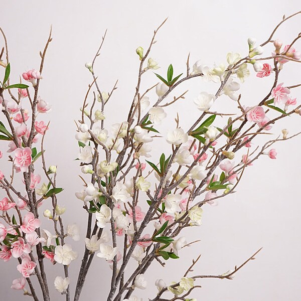 Peach Blossom Branch with Leaves, Plum Bloom Long Twig, Artificial Flowers, Home Floral Decor, Wedding Party Arrangement, Floor Vase Fillers