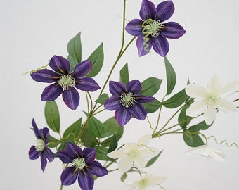 Fake Clematis Flower Stem with Leaves, Artificial Flower Craft, Rustic Wildflower, Home Floral Decor, Wedding Party Arrangement Centerpiece