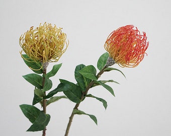 Fake Pin Cushion Flower Stem With Leaves, Leucospermum Cordifolium, Artificial Flower Craft, Bridal Bouquet Filler, Living Room Floral Decor