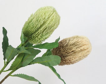 Faux Banksia with Leaves, Banksia Integrifolia Flowers, Artificial Flowers, Home Floral Decor, Wedding Arrangement, Bloom for Bridal Bouquet