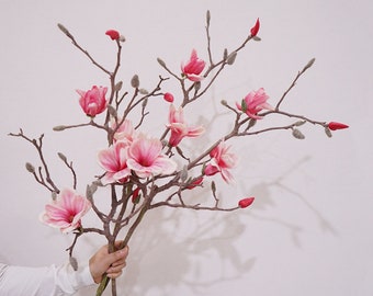 Magnolia Spray Long Branch with Bud, Artificial Flower Craft, Rustic Spring Bloom, Real Touch Petal, Wedding Floral Decor, Party Arrangement