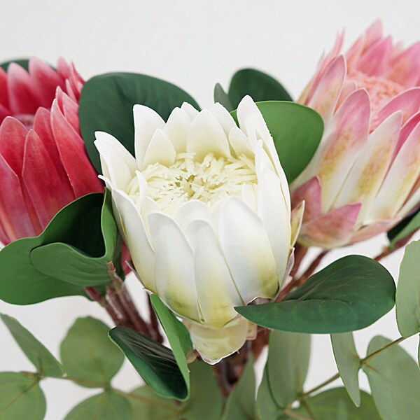 Fake Protea Stem with Foliage, Artificial Flower Crafts, Home Floral Decor, Spray for Bridal Bouquet, Wedding Party Arrangement Centerpiece