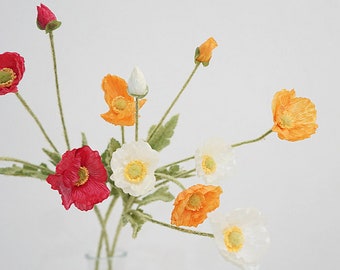 Fake Poppy Flower with Foliage and Buds, Artificial Flower Crafts, Rustic Floral Decor, Bloom for Bouquet Garland, Wedding Party Arrangement