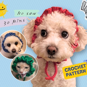 Puede incluir: Un perro blanco con un gorro de ganchillo rojo con una corbata a juego. La imagen incluye dos fotos más pequeñas de mascotas con gorros de ganchillo azules y verdes. El texto de la imagen dice "No sew" y "30 mins". Un letrero amarillo dice "CROCHET PATTERN".