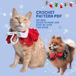 May include: A ginger cat and a Pomeranian dog, both wearing crocheted collars. The cat's collar is red and white, the dog's is green and red. Text reads "CROCHET PATTERN PDF", "NO-SEW QUICK TO MAKE-1HR STEP-BY-STEP TWO SIZES".