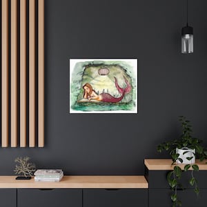 Aquarel Studious Mermaid Cave Illustratie Canvas Gallery Art Print Klaar om kunst aan de muur op te hangen