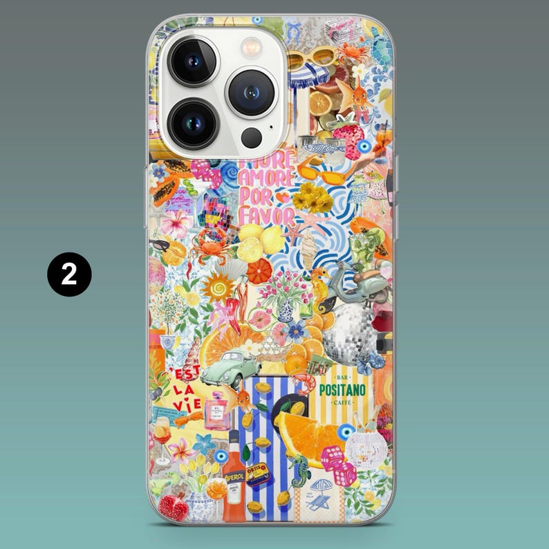 May include: A colorful phone case with a collage design. The case features various images, including flowers, food, and text in multiple languages. The design includes the words "amore por favor" and "est la vie".