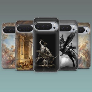 May include: Five smartphone cases arranged in a row, each featuring a distinct artistic design. The designs include classical oil paintings of celestial scenes, architectural ruins, a statue of a figure with a sword, and a winged horse sculpture.